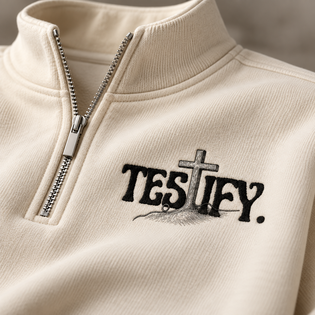 Premium Testify Quarter Zip embroidery detail