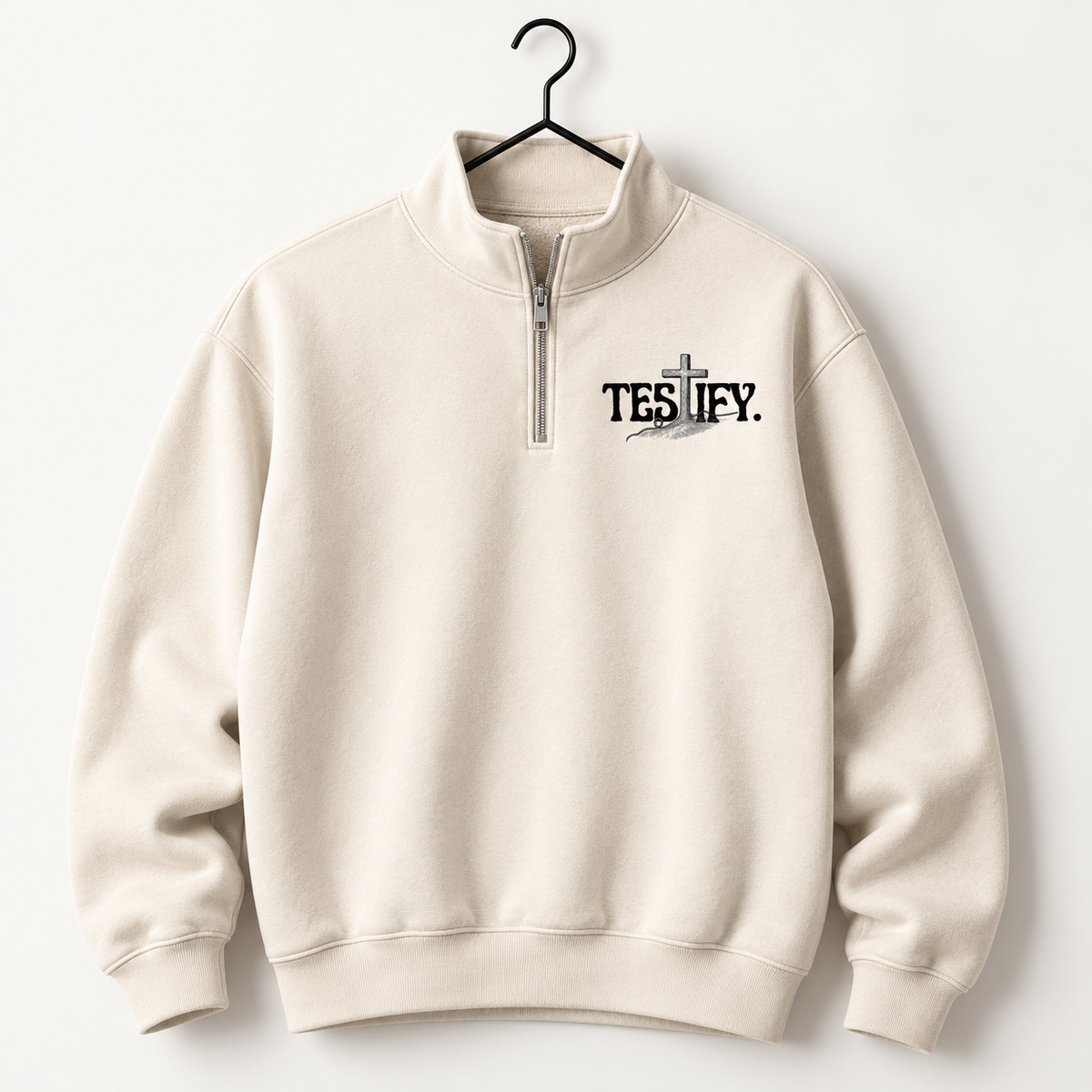 Premium Testify Quarter Zip hanger mockup